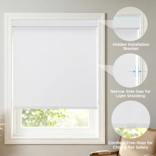 Blackout Roller Shades for Indoor Windows - 31 W x 75 H, White, Cordless