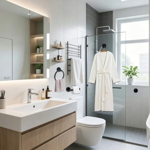 INCREWAY Black Suction Cup Bathroom Accessory Set 4Pcs - Wall Mount Towel Holder Tissue Rack Hooks - No Drill, Stainless Steel
