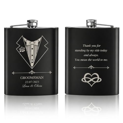 Custom Photo Engraved Flask for Men - Silver & Black Personalized Groomsmen Gift