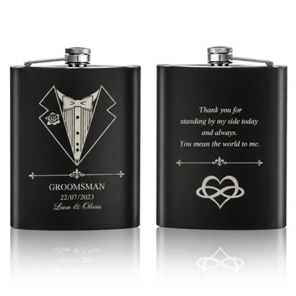 Custom Photo Engraved Flask for Men - Silver & Black Personalized Groomsmen Gift
