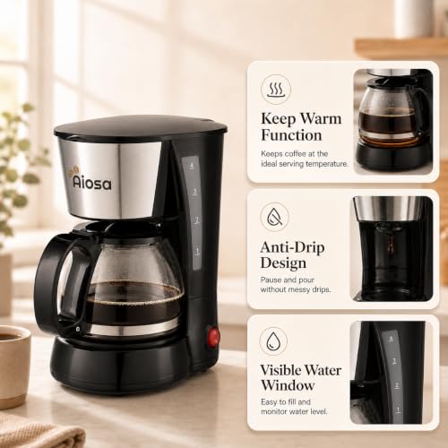 4 Cup Mini Drip Coffee Maker with Reusable Filter & Keep Warm Function - Anti-Drip