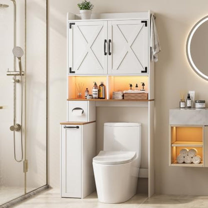 Over the Toilet Storage Cabinet with LED Lights - White Farmhouse Bathroom Organizer
