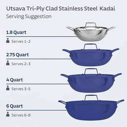 Tramontina Utsava 1.8-Quart Tri-Ply Clad Stainless Steel Kadai with Lid, Small Kadhai Pot for Indian Cooking