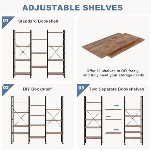 DUMOS Triple Column 4-Tier Industrial Bookshelf - Rustic Brown, 62.3W x 54.6H
