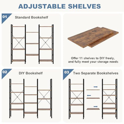 DUMOS Triple Column 4-Tier Industrial Bookshelf - Rustic Brown, 62.3W x 54.6H