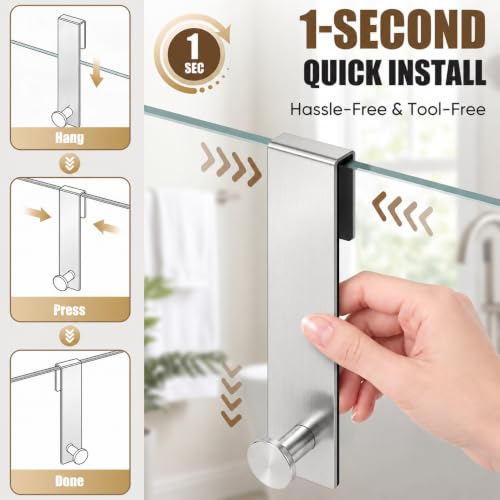 7.5 Inch Brushed Nickel Shower Door Hooks Set - Frameless Glass Towel Holders, 2 Pack