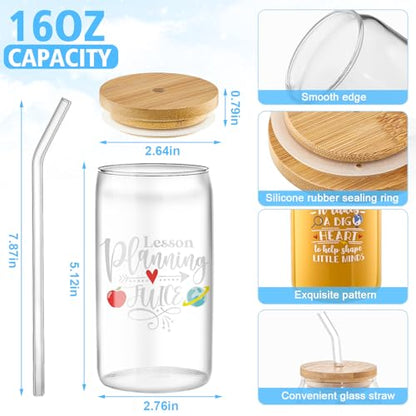 6 Pcs Teacher Appreciation Glass Cups with Straws & Lids - Inspirational Gifts