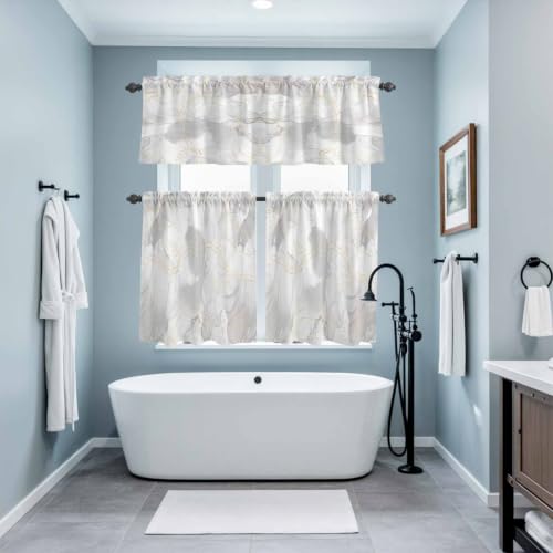 Grey Kitchen Tier and Valance Set 3 Piece - Natural White & Gold Stripe, 54x18in + 27.5x24in, Semi Sheer Window Curtains