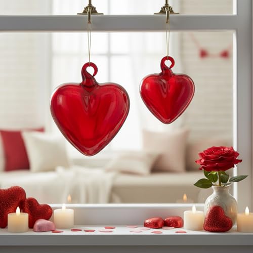 Red Glass Heart Ornaments - 10 Pack Christmas Holiday Decor