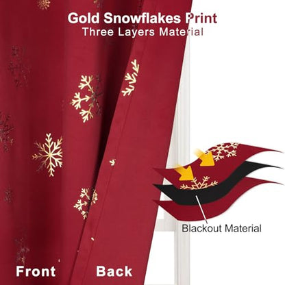 Red Snowflake Foil Print Christmas Curtains Set of 2, 52 x 96 Inches