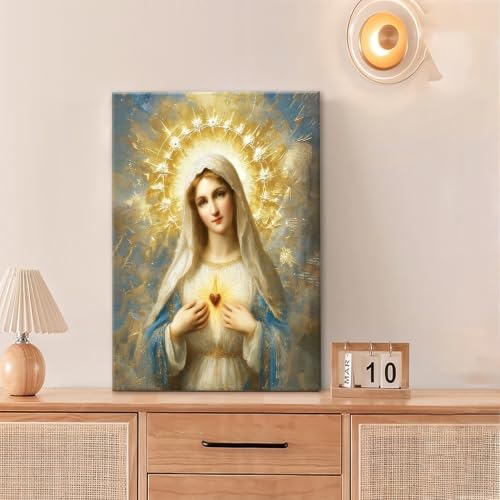 Religious Wall Art Canvas Mary Mother of God Jesus - 24 x 16 Inches - Catholic Decor
