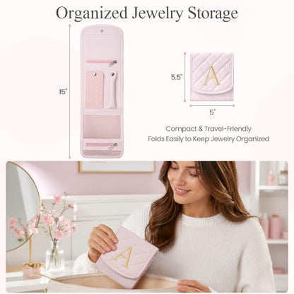 Travel Jewelry Organizer Roll for Women - Pink Initial Monogram, Compact & Portable