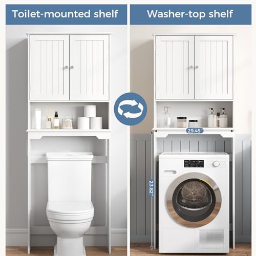 Over Toilet Storage Cabinet with Double Doors - Matte White Bathroom Shelves