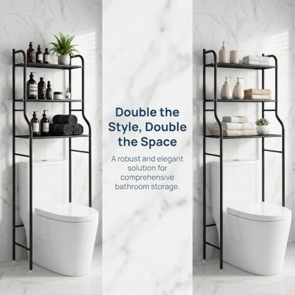 Over Toilet Storage Shelf with Hooks & Anti-Tip Kit, Black Bathroom Organizer
