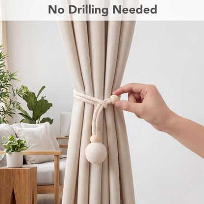 Adjustable Beige Curtain Tiebacks Rope Set for Window Decor, 2 Pack