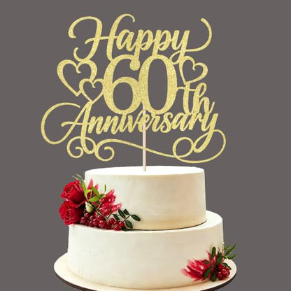 Happy 60th Anniversary Cake Topper Glitter Celebration Decoration - Gold