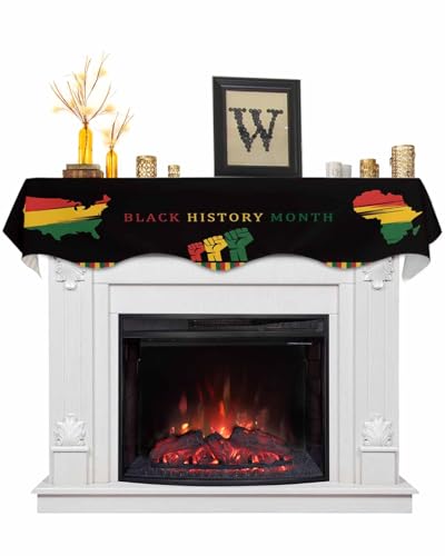Black History Month Fireplace Mantel Scarf Cover with Variation - Black, Grass, Green, Deep Red, 70 Inch