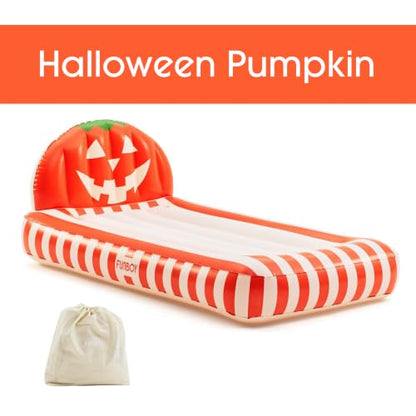 FUNBOY Kids Pumpkin Halloween Inflatable Air Mattress - Supportive & Cozy Sleepover Bed - Orange & White Variation