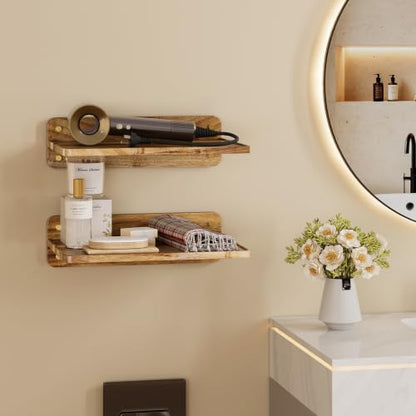 2 Pieces Acacia Wood Wall Mount Floating Shelf for Projector Router Modem TV