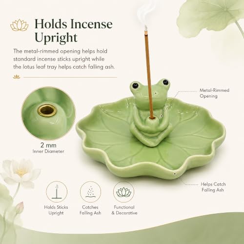 Ceramic Frog and Lotus Incense Holder for Sticks, Ash Catcher Decor