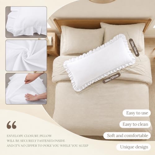 White Body Pillow Cover 20 x 54 Inches Ruffled Cotton Pillowcase - Pack of 2