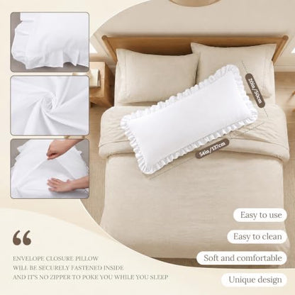 White Body Pillow Cover 20 x 54 Inches Ruffled Cotton Pillowcase - Pack of 2