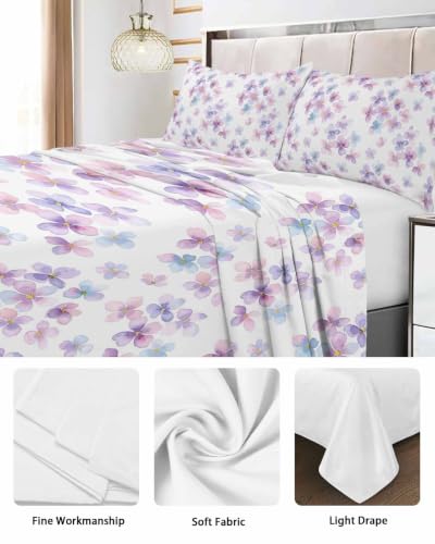 Full Size Flat Sheet for Bed - Purple Pink Flowers Microfiber 81x96 with Variation