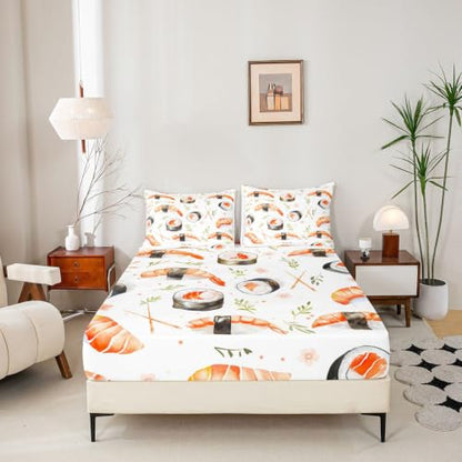Kids Full Size Sushi Fitted Sheet Set Cartoon Salmon Watercolor Design - 3 Pcs