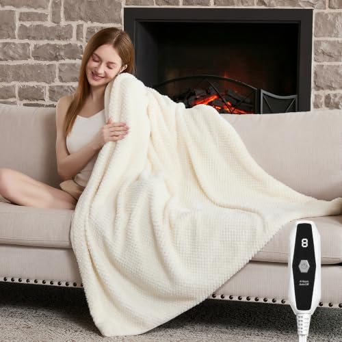 Beige Electric Heated Blanket Throw 50x60 Inches Faux Fur & Flannel