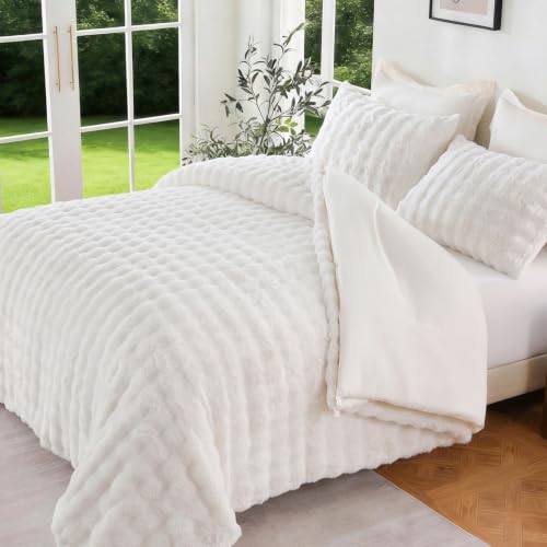 Queen Size Faux Rabbit Fur Comforter Set with Detachable Blanket - Cream White, 6 Pieces - Downcool