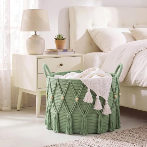 Leinuosen Sage Green Boho Blanket Basket 20 x 13 Inch Storage Organizer