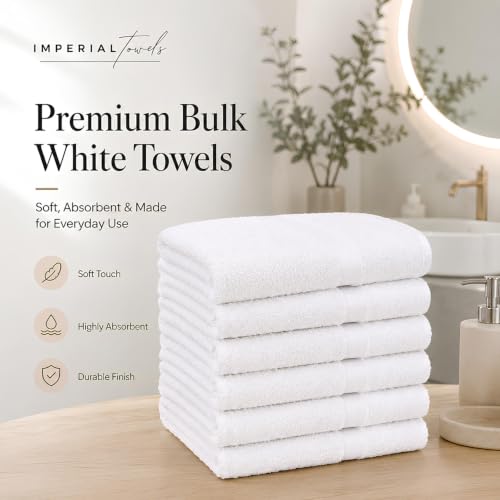 Imperial Towels Pack of 12 White 20x40 Inch Cotton Bath Towels - Fast Drying, Commercial Use