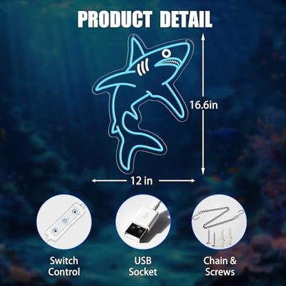 Shark Neon Sign Dimmable LED Wall Light - Ice Blue Ocean Decor