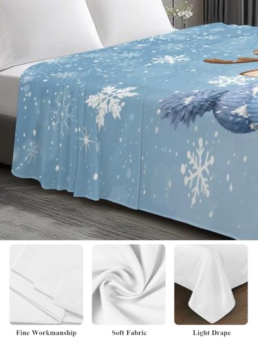 Misty Blue King Size Flat Sheet Christmas Snowman Deer Penguin Bedding Winter Snowflake
