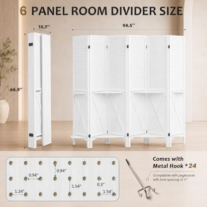 6 Panel Wood Pegboard Room Divider with Shelves - Privacy Screen (White Variant of THIS listing)