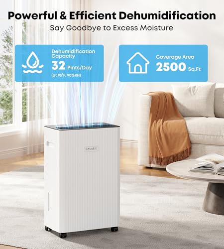 White 32 Pints Dehumidifier for Basement 2500 Sq.Ft - BANABIE