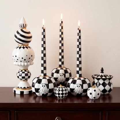 Halloween Black and White Checkerboard Candle Holders Set - Ghost & Pumpkin Design