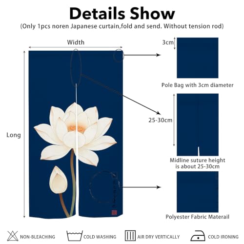 Japanese Noren Doorway Curtain - Lotus Print, Navy Blue/Blue White, 33.5x59 in - Variation: Blue White