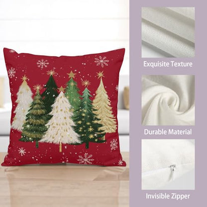 Red Christmas Pillow Covers 18x18 Set of 2 Watercolor Xmas Tree Snowflakes Holiday Cushion Cases - Variation of Christmas Tree Red / 18" x 18"