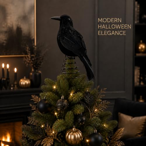 Halloween Crow Tree Topper - 9 Inch Black Raven Decoration for Tall Trees