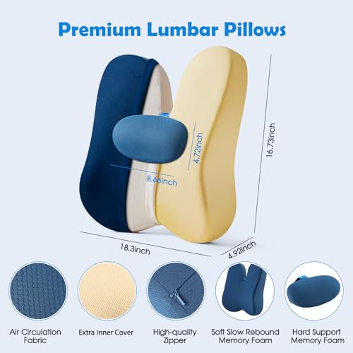 jiaao Lumbar Support Pillow Office Chair and Car Seat Back Support, Ergonomic Back Cushion Promotes Back Pain Relief - Memory Foam with Adjustable Strap and Small Support Cushion - Blue