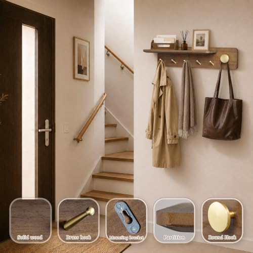 Wall Mount Coat Rack with Shelf and Brass Hooks - Solid Wood Entryway Organizer