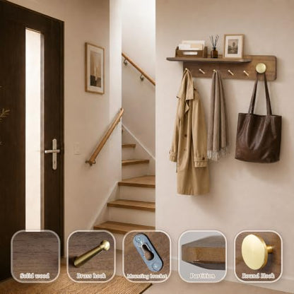 Wall Mount Coat Rack with Shelf and Brass Hooks - Solid Wood Entryway Organizer