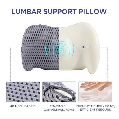 Lumbar Support Pillow for Office Chair, Car Lumbar Pillow Lower Back Pain Relief, Memory Foam Back Cushion with 4D Mesh Cover and Adjustable Straps, Ergonomic Chair Back Pillow for Car,Bed, Gaming