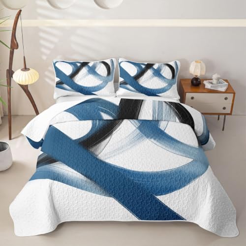Navy Blue Twin Quilt Set Geometric Minimalist Lines Bedspread for Kids Teens