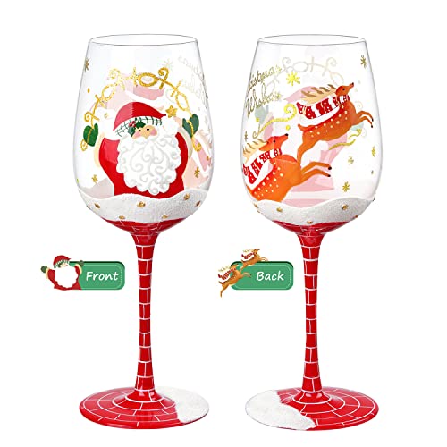 Hand Painted Santa Reindeer Wine Glass - Christmas Gift 15 oz - Variation: Santa Claus & Elk
