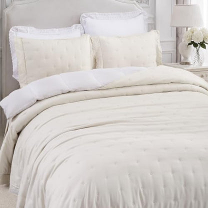 King Beige Ruffle Quilt Set with Lace Trim - Soft 100% Polyester Bedding