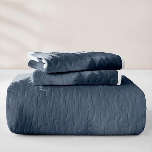 Queen Quilt Set with Pillowcases - Misty Pine Forest Nature Themed Bedding - Dark Blue Gray