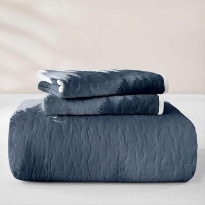 Queen Quilt Set with Pillowcases - Misty Pine Forest Nature Themed Bedding - Dark Blue Gray