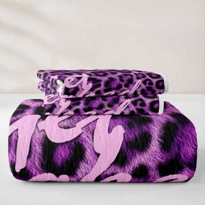 Lavender & Charcoal Leopard Print Get Naked Quilt Set Queen Lightweight Microfiber Bedding